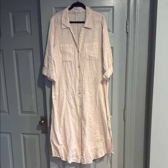 Zara Beige Linen Button-Up Dress - Picture 1 of 5